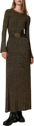 Twinset Lange Gebreide Rib Jurk met Ovaal Riem - Dames - Kleedjes - Bruin - S - Kleedjes