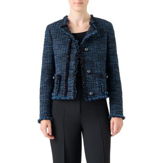Akris Fringed Mixed Tweed Jacket in Medium Blue Denim-Black at Nordstrom, Size 12