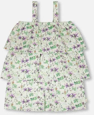Deux par Deux Jersey Printed Flowers Romper with Tiers in Green Floral Print at Nordstrom, Size 18M