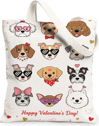 Generic ValentineS Day Canvas Tote Bags, Adorable Dogs Heart Pattern Reusable Grocery Bags, Lightweight Washable Shoulder Strap Ca, White, 13x15 Inch