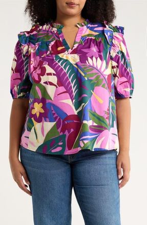 Sugarlips Blain Tropics Paz Cotton Poplin Top in Purple Multi at Nordstrom, Size 3X