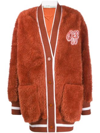 Off-white embroidered logo furry varsity cardigan - women - Polyester/Viscose/Virgin Wool - 40 - Orange