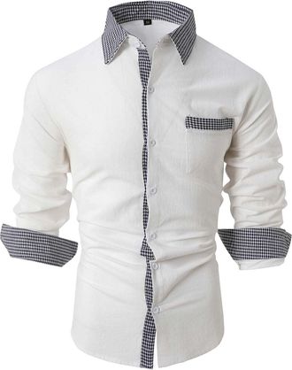 Generic Mens Inner Contrast Shirt, Mens Long Sleeve Check Shirts Casual Formal Classic Shirt Button Down Dress Shirts Long Sleeve Plaid Collar Shirt with Regu