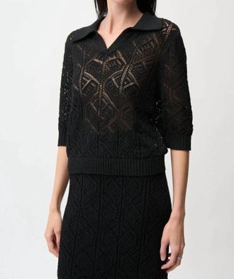 Joseph Ribkoff Open Knit 3/4 Sleeve Polo Sweater In Black