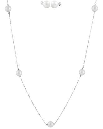 Splendid Pearls Rhodium Plated Silver 7-8Mm Freshwater Pearl Earrings & Necklace Set