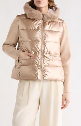La Fiorentina Faux Fur Trim Hooded Puffer Jacket in Gold at Nordstrom Rack, Size Small