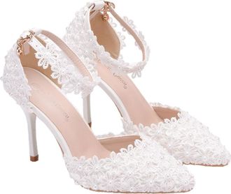 Supvox Lace Flower Wedding Shoes Pointy Toe High Heels White Bride Sandals for Wedding Dress Shoes for Women
