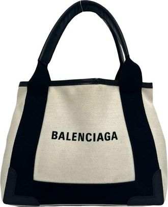Balenciaga Black Ivory Canvas Leather Handbag Tote Bag (Pre-Owned)