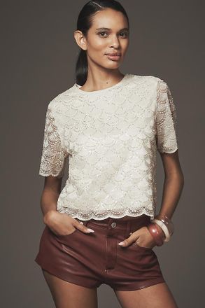 Blue Tassel Short-Sleeve Sequin Lace Top