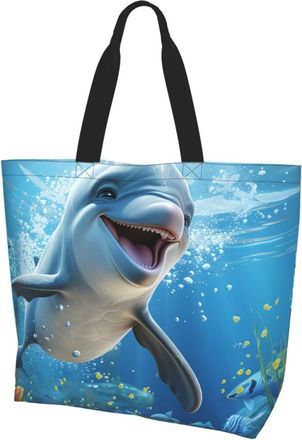 Generic Cartoon Dolphin Carry Bag Foldable Tote Bag Lightweight Shoulder Bags For Ladies Casual Beach