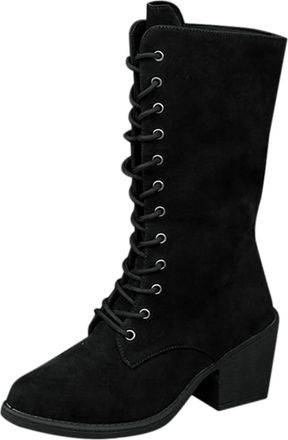 Generic Womens Mid-Calf Lace-Up Boots with Chunky Block Heel Pointed Toe Suede Combat Booties Elegant Stylish Casual Shoes For Women Autumn Winter size 5.5