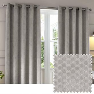 Riva Paoletti Neptune Fully Lined Velvet Eyelet Curtain Pair in Silver | Size: 229 cm width x 229 cm drop