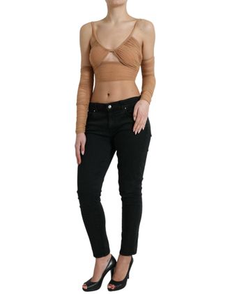 Dolce & Gabbana Womens Brown Nylon Stretch Open Shoulder Cropped Top Elastane