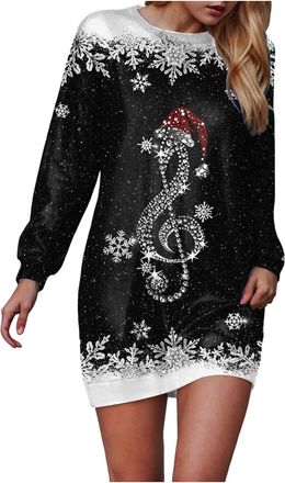 Generic Women Casual Christmas Dresses Snowflake Print Round Neck Long Sleeve Evening Elegant Cocktail Dress Xmas Costume Swing Skater Mini Novelty Outfits Dr