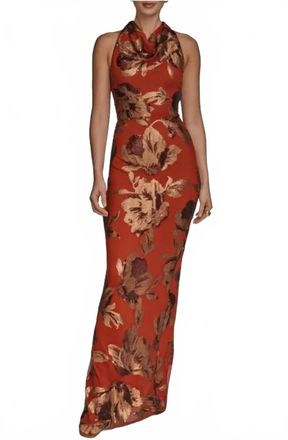DKNY Floral Sequin Embellished Halter Maxi Gown In Brown/orange