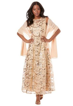 Roaman's Plus-Size Allover Lace Embellished Shawl Gown in Sparkling Champagne at Nordstrom, Size 28