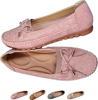Generic Stylish Orthopedic Leather Loafers for Women Lightweight Anti-Slip Breathable Shoes, Ladies Moccasins Slip-On Comfy Bow-Knot Flats Loafers (7.5,Pink)