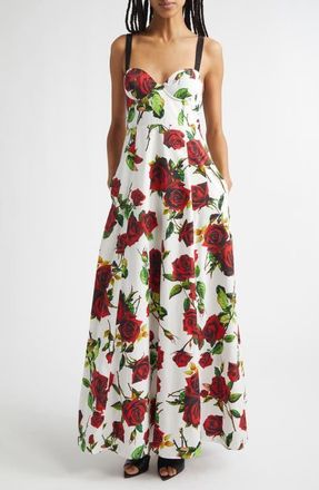 L'agence Sutton Floral Print Maxi Dress in White/Red Romantic Rose at Nordstrom, Size 10