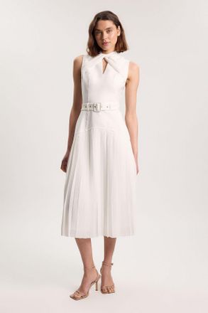 Karen Millen Womens Ponte And Textured Georgette Button Mix Cut Out Detail Pleated Maxi Dress - White Viscose - Size X-Small