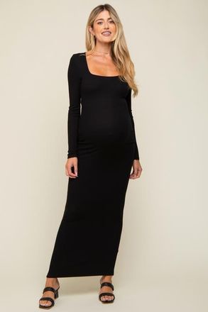 Pinkblush Ribbed Long Sleeve Square Neck Maxi Dress in Black at Nordstrom, Size X-Large