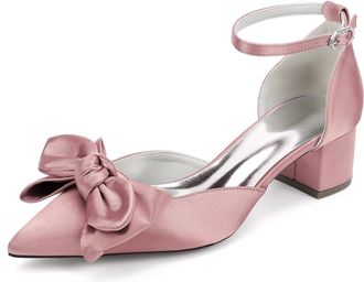 Generic Womens Low Block Heels Wedding Shoes Low Chunk Shoes Satin Bridal Pumps Prom Party Dress with Bow Pumps 4.5Cm,and Flesh Pink.,10 UK