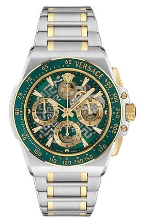 Versace Greca Extreme Skeleton Dial Automatic Chronograph Bracelet Watch, 43mm in Green/Two Tone at Nordstrom
