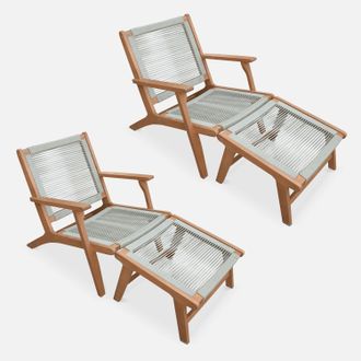 Sweeek Silla De Jard&iacute;n De Madera Y Cuerda Con Reposapi&eacute;s, Set De 2