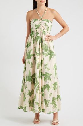 Parker Ruched Halter Neck Cotton Maxi Sundress in Tendril at Nordstrom, Size 16