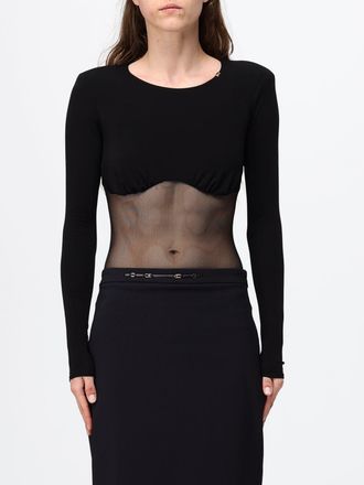 Elisabetta Franchi Sheer Mesh Long-Sleeved Top with Padded Shoulders