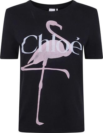 Chlo&eacute; Classic T-shirt met Flamingo Print - Dames - T-shirts - Zwart - XS - Katoen - Tops