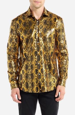 OppoSuits Modern Tailored Fit Shiny Snake Wrinkle Resistant Button-Up Shirt in Gold at Nordstrom, Size X-Small