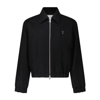 Ami Wollen Jack met Logo Patch - Heren - Zomerjassen - Zwart - M - Wol - Jassen