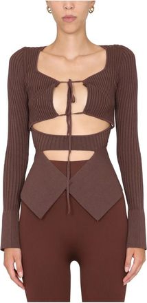 ADĀMO Andrea Adamo Ribgebreide Top met Uitsnijdingen en Panelen - Dames - Longsleeves - Bruin - M - Tops