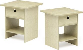 Furinno End Table/ Night Stand Storage Shelf with Bin Drawer, Cream Faux Marble/Ivory, Set of 2