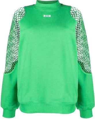 Msgm mesh-detail crew neck sweatshirt - women - Cotton - M - Green