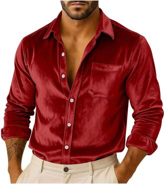 Generic Velvet Shirts for Men Adult Vintage Casual Loose Long Sleeve Button Down Tops Classic Plain Business Work Formal Shirt for Prom Wedding Party Club Nig