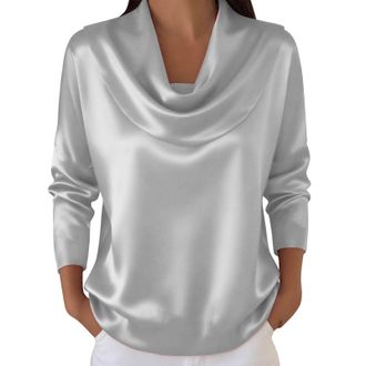 Generic Tops for Women Satin Silk Blouse Cowl Neck Long Sleeve Ladies Tshirts Solid Colour Pleated Turndown Collar Fashion Shirts Work Office Elegant Tunic Bl