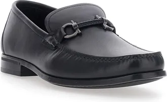 Ferragamo Mens Loafers With Gancini Detail, Blue Leather Calfskin