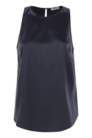 Brunello Cucinelli Brunello Cucinelli Womens Stretch Silk Satin Top With Jewellery - Dark Blue - Size X-Small