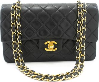 Chanel Vintage Classic Double Flap Quilted Lambskin Black Leather Handbag (Pre-Owned)
