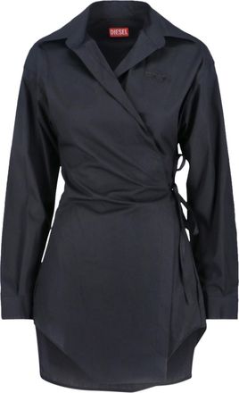 Diesel Asymmetric Wrap Blue Midi Shirt Dress With Tone-On-Tone Embroidery