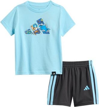 adidas Graphic Print T-Shirt & 3-Stripes Shorts Set in Frozen Blue at Nordstrom, Size 24M
