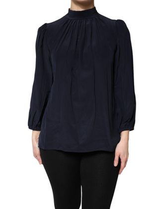 Dolce & Gabbana Womens Blue Silk Mock Neck Long Sleeves Blouse Top