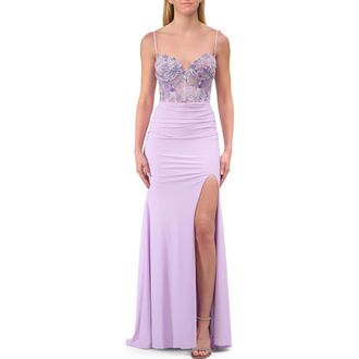 La Femme Fabulous Prom Dress with Multi Color Lace Bodice in Lavender at Nordstrom, Size 00