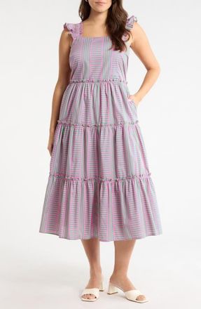 Sugarlips Valda Stripe Ruffle Tiered Midi Dress in Pink-Green-Multi at Nordstrom, Size 2X