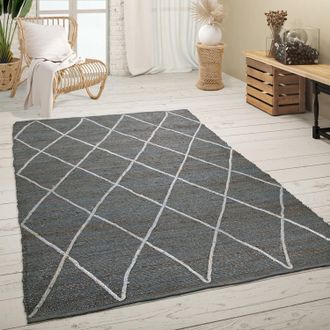 Paco Home Paco Home - Alfombra Sal&oacute;n Yute Fibras Naturales Hecha A Mano Motivo 3d Escandinavo Moderno 200x290 Cm, Antracita