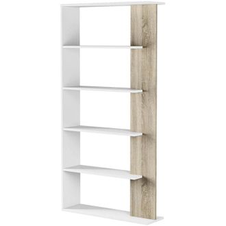 Dmora Libreria Eolo, Mobile portalibri bifacciale a 5 ripiani, Scaffale divisorio da ufficio o cameretta, 90x25h180 cm, Bianco e Rovere