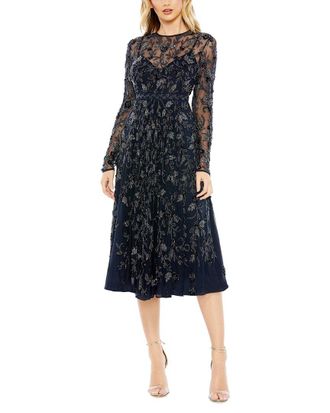 Mac Duggal Beaded Illusion High Neck A-Line Dress