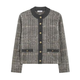 Brunello Cucinelli Cardigans, female, Gray, XS, Jacquard Cardigan with Dazzling Check