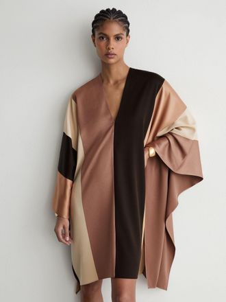 Reiss Chocolate Brown & cream Colour-block Tunic Dress, XS